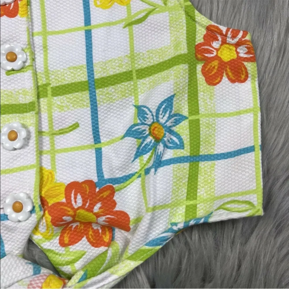 Vintage Girls In Design Blue Orange Green Floral Button Tie Front Shirt